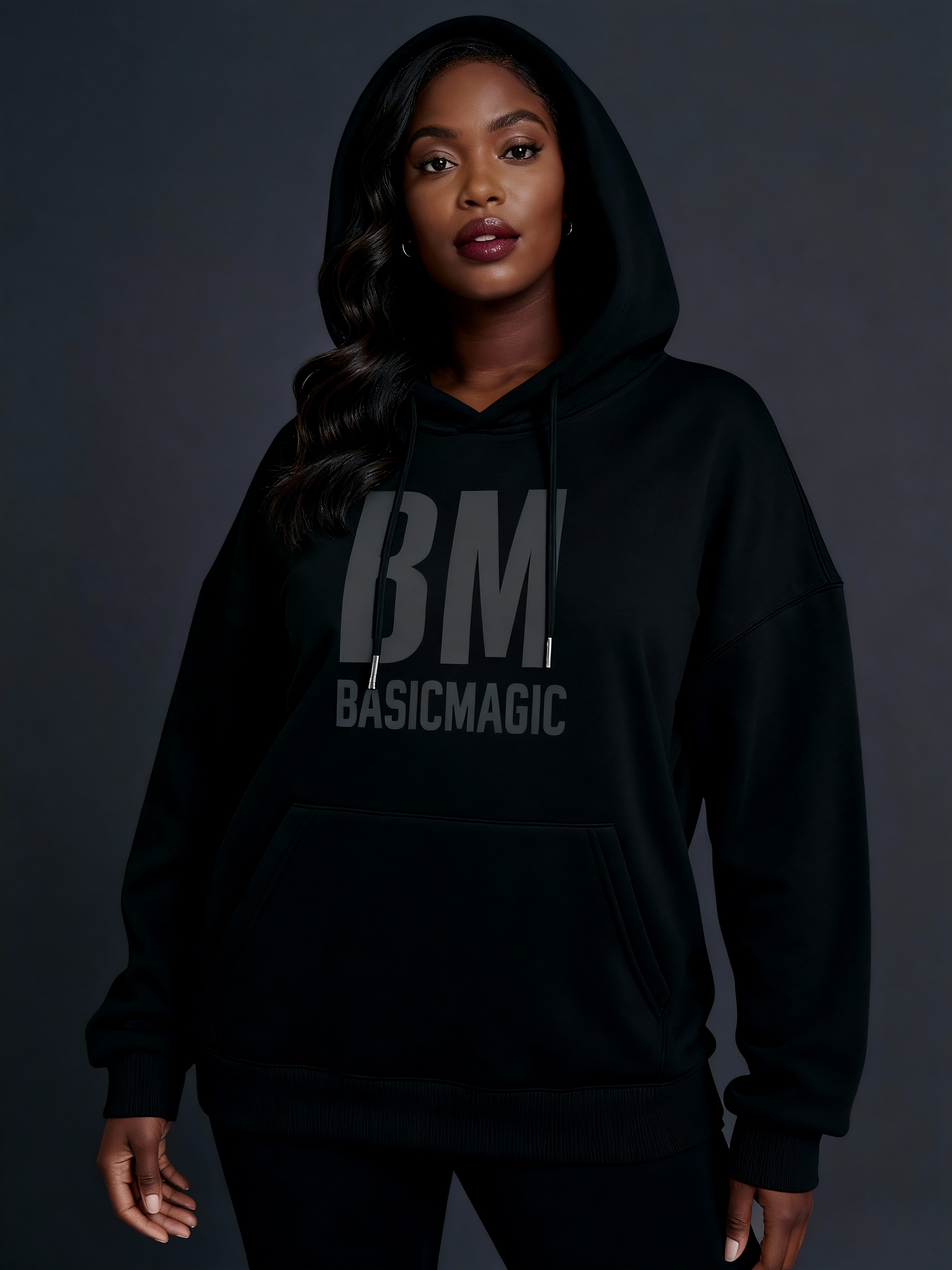 "BM Basic Magic" Letter Print Black Hoodie