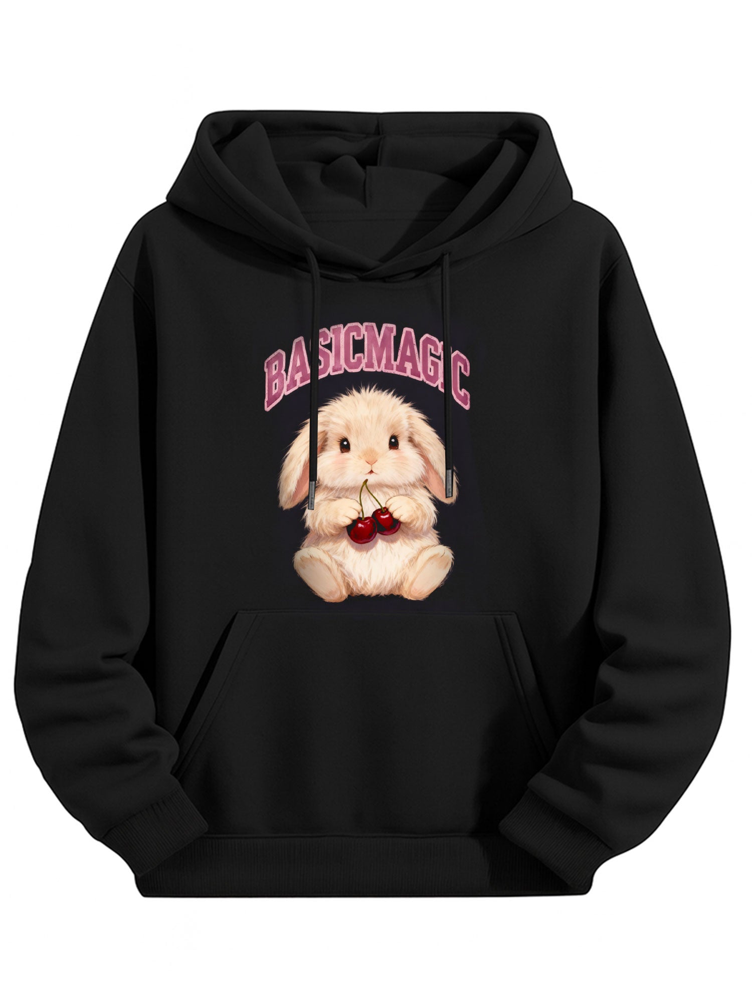 BASICMAGIC Cute Bunny & Cherry Black Hoodie