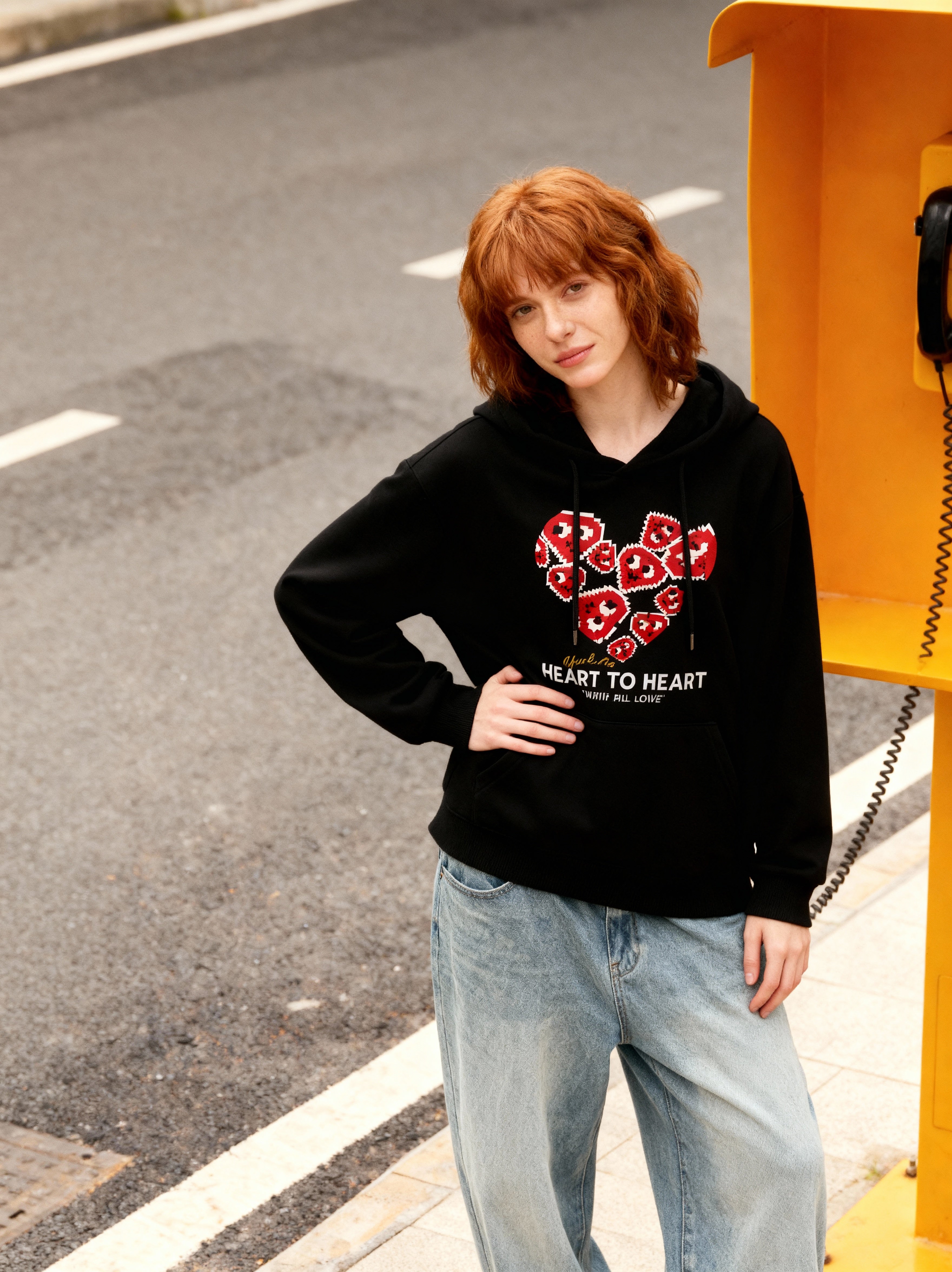 "Heart to Heart" Love Print Black Hoodie