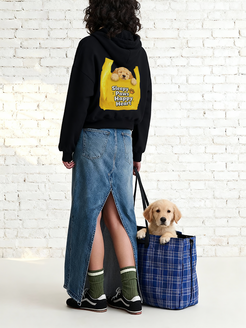 "Sleepy Paws Happy Heart" Cute Dog Print Black Hoodie