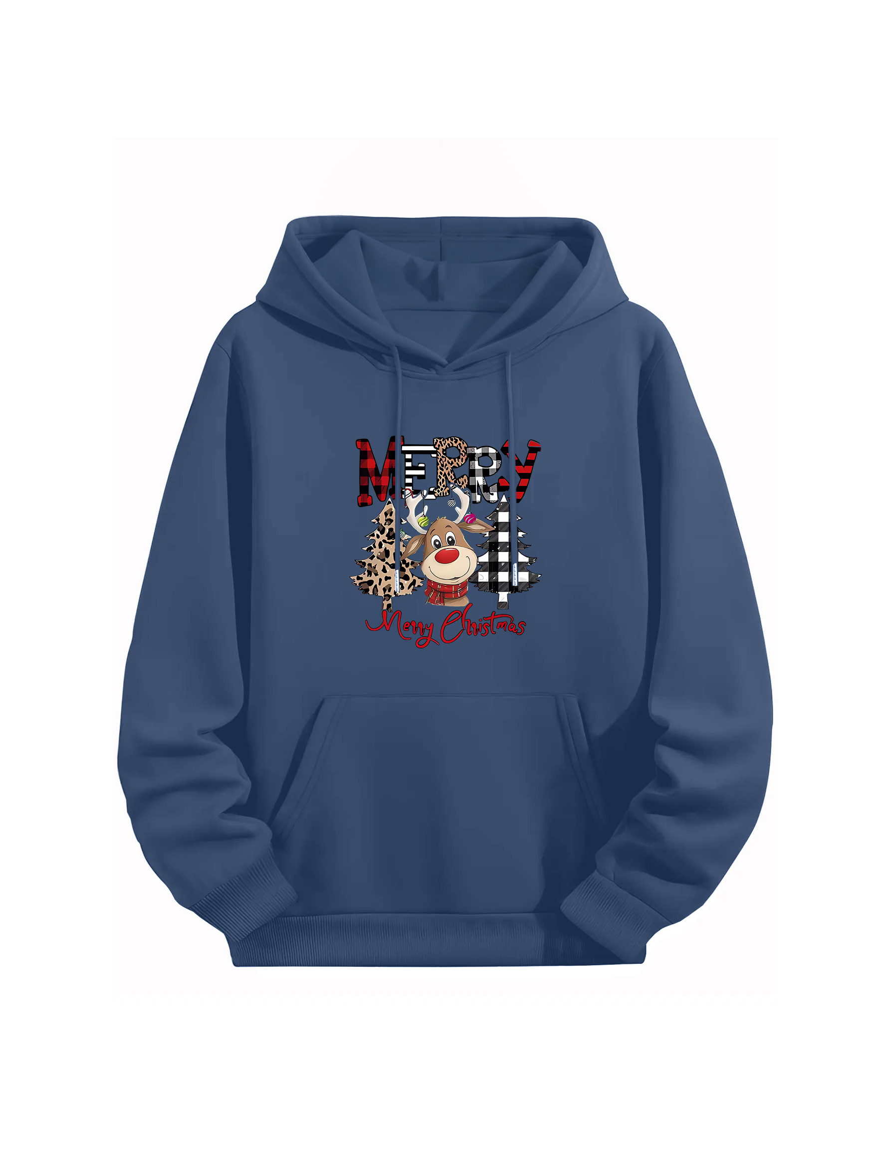 Merry Christmas Reindeer Graphic Blue Hoodie