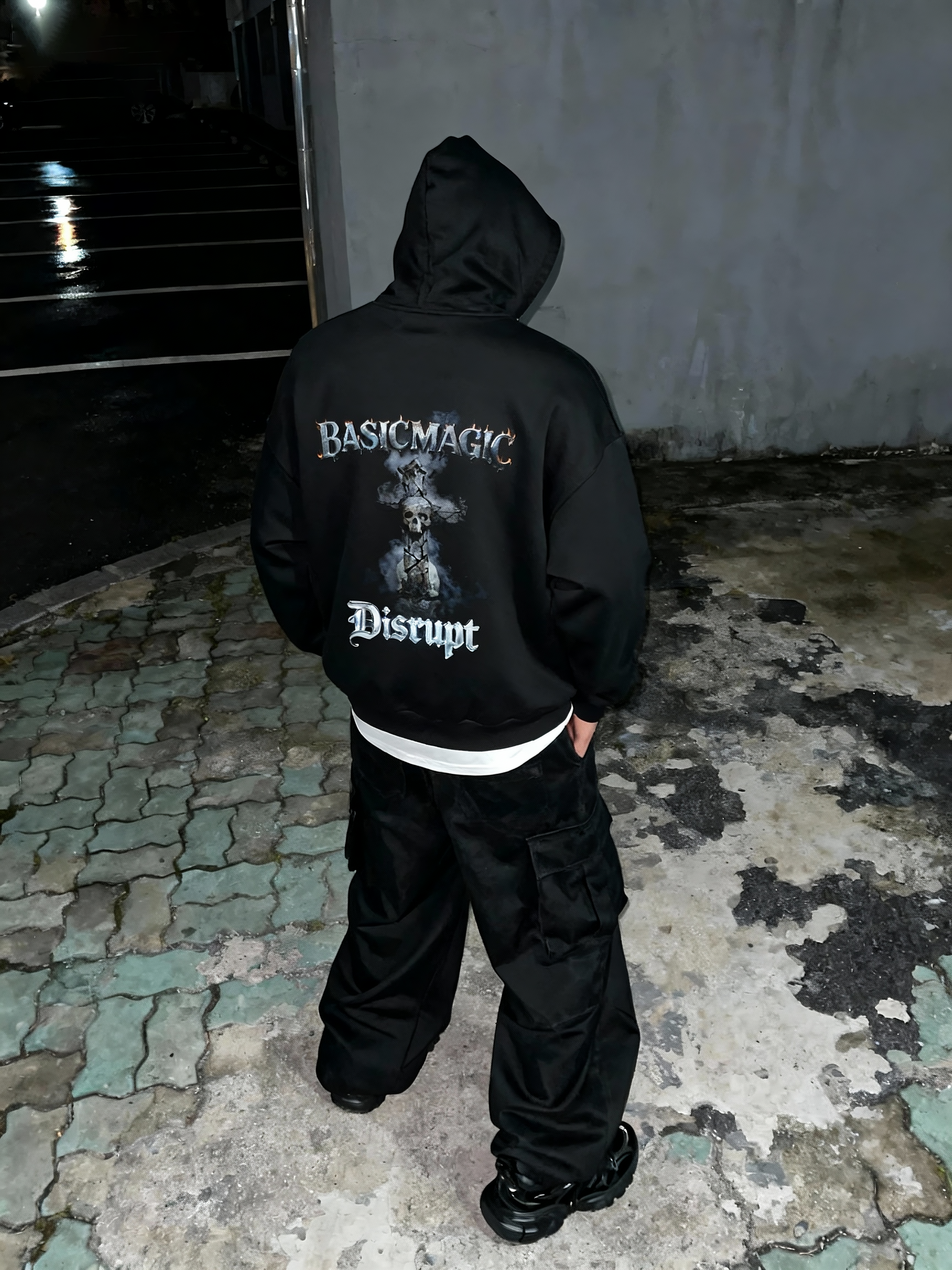 BASICMAGIC Skull Cross “Disrupt” Gothic Black Hoodie