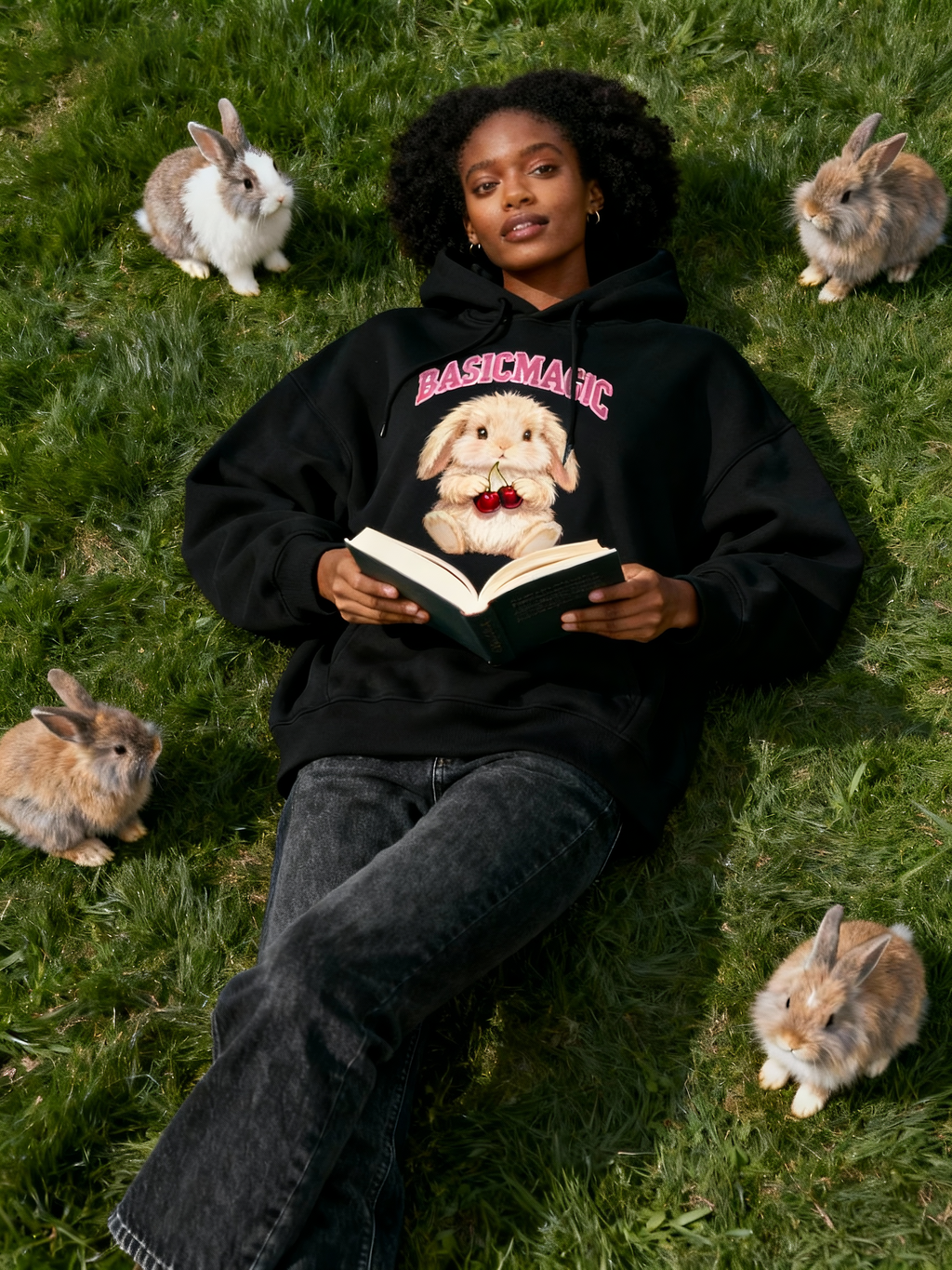 BASICMAGIC Cute Bunny & Cherry Black Hoodie