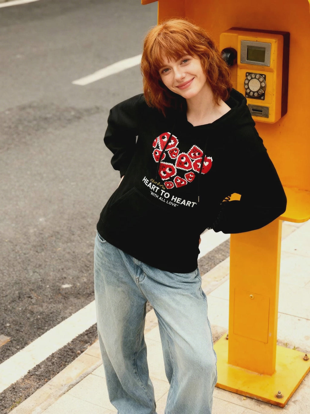 "Heart to Heart" Love Print Black Hoodie